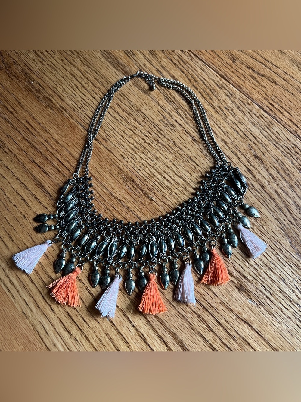 Boho Tassel Bib Necklace in Antique Silver with Orange & Blush Tassels